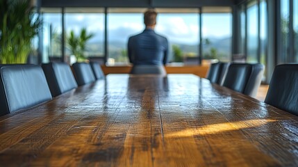 Poster - man standing at the end of modern office conference room, facing large windows and gray wooden flooring.stock photo