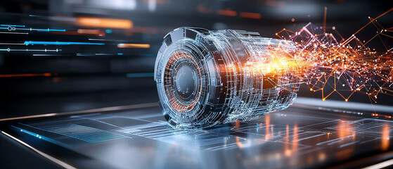 Poster - Innovative high-tech digital blueprint visualization on a large tablet screen showcasing advanced engineering and design concepts in a futuristic environment