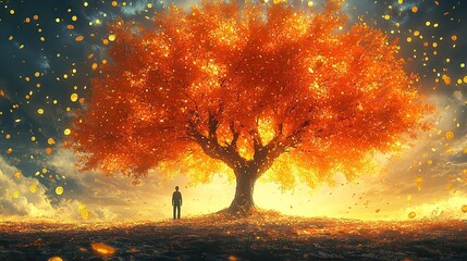 Aufkleber - man standing under tree with gold coins falling from it, in bright orange and yellow-toned illustration.image