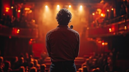 Poster - man stands on stage with his back to the audience, holding microphone and speaking into the spotlight.stock photo