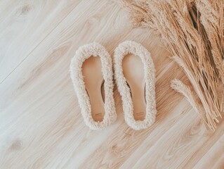 Poster - Cozy Minimalist Bedroom Setup Beige Slippers on Light Wooden Floor Perfect for Tranquil Day and Mothers Day