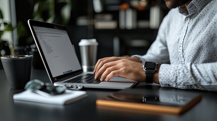 Poster - man typing on laptop with blank screen, working at desk in home office with drink nearby.stock photo