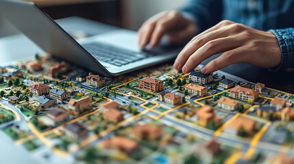 Poster - man uses his laptop to search for houses on map, surrounded by residential buildings in real estate illustration.image