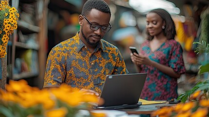 Aufkleber - man working at his desk with laptop, while woman stands nearby holding phone in her hand.image