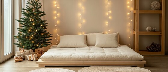 Aufkleber - Minimalist Christmas Scene in Japanese Bedroom with Festive Tree and Warm Lights - Perfect for Christmas and New Year