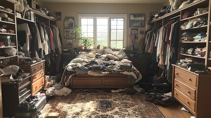 Poster - messy wardrobe filled with clothes is being organized to create neat and tidy closet.stock photo