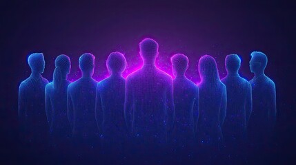 Poster - minimalist logo of group of people illustrated in thin lines, with purple-blue gradient, symbolizing team spirit.illustration