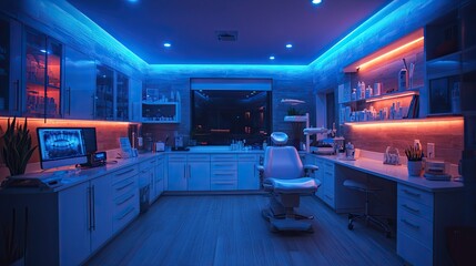 Poster - modern dental practice interior is illuminated in blue light, showcasing advanced healthcare equipment.