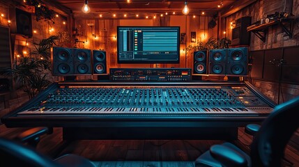 Aufkleber - modern music studio with advanced equipment, mixing desks, and large screens displaying recording software.image