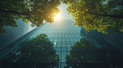 Aufkleber - modern office building with green trees and sunlight reflecting off its glass facade, promoting eco-friendly business.image
