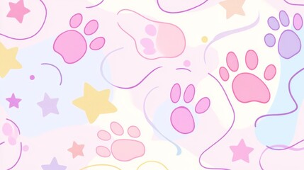 cartoon animal paw prints pattern, whimsical line drawing, multicolored pet footprints, gradient color palette, playful doodle style, decorative stars, smooth curved lines, soft outline strokes