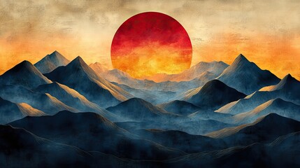 Aufkleber - modern poster with abstract shapes and vibrant color palette, featuring mountains in the center of the stock photo