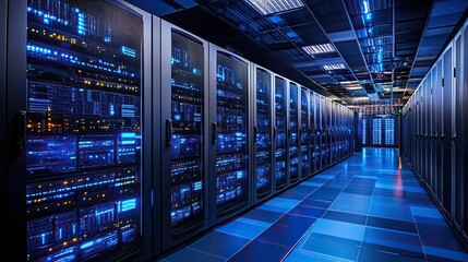 Poster - modern server room with rows of advanced computer equipment housed in black and blue cabinets.