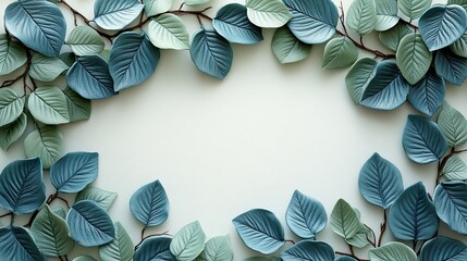 Poster - nature-inspired frame of plasticine green leaves and branches on white backdrop, creating simple yet elegant Earth Day banner with space for message.stock photo