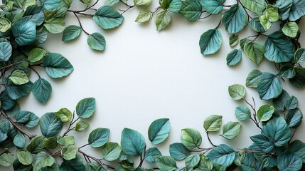Poster - nature-inspired frame of plasticine green leaves and branches on white backdrop, creating simple yet elegant Earth Day banner with space for message.image