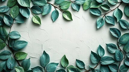 Poster - nature-inspired frame of plasticine green leaves and branches on white backdrop, creating simple yet elegant Earth Day banner with space for message.