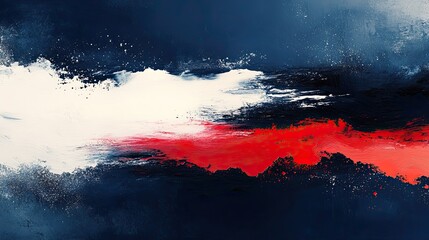 Poster - navy blue background with white and red brush strokes, forming an abstract pattern.image