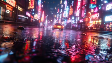 Poster - neon megacity at night is depicted with puddles reflecting light, showcasing the cyberpunk aesthetic of the business district.stock photo
