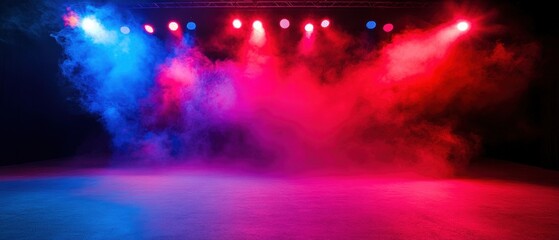 Poster - Colorful stage lighting creates a vibrant atmosphere with smoke, enhancing the mood for performances or events.