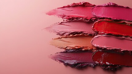 Aufkleber - palette of lipsticks in various shades of red and pink on pink background, representing fashion, makeup, and beauty concepts, perfect for flat lay posters, banners, or cosmetic product designs.
