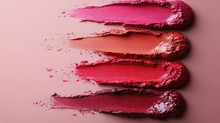 Aufkleber - palette of lipsticks in various shades of red and pink on pink background, representing fashion, makeup, and beauty concepts, perfect for flat lay posters, banners, or cosmetic product designs.