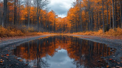 Poster - panoramic view of forest road during autumn, with colorful trees and reflective lake, under the soft glow of sunshine.stock photo