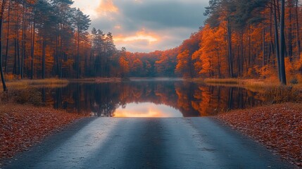 Poster - panoramic view of forest road during autumn, with colorful trees and reflective lake, under the soft glow of sunshine.