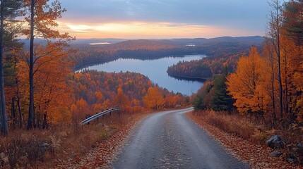 Poster - panoramic view of road with guardrail surrounded by autumn forests and lakes in bright sunlight.image