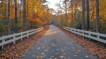 Poster - panoramic view of an autumn forest road, with bright sunlight and white guardrail alongside.stock photo