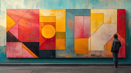 Aufkleber - pastel-colored abstract design featuring floating triangles and squares in playful composition.illustration