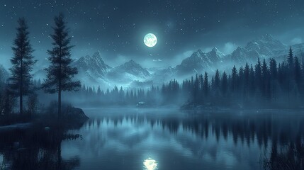 Poster - peaceful lake scene under dark night sky, creating calming and serene atmosphere.illustration