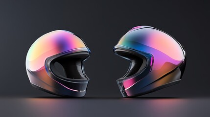 Colorful motorcycle helmets on dark background