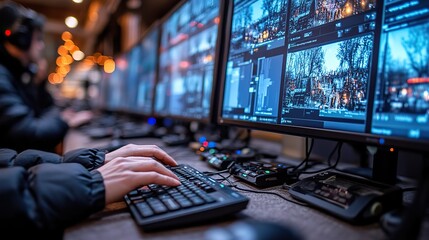 Poster - person typing on keyboard in control room, with advanced monitors displaying real-time security information.