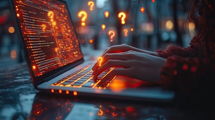 Fototapete - person typing on laptop with question marks floating above, representing web design queries.stock photo