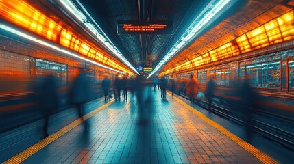 Poster - photo capturing people walking through subway station with motion blur, creating dynamic scene.image