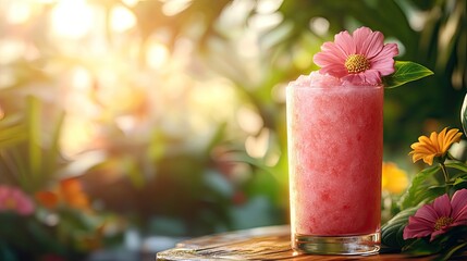 Poster - pink slushie drink in glass cup placed against blurred tropical background with sunbeams, representing multicolored frozen juice cocktails, perfect for banners or posters with copy space.