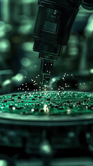 Poster - A green electronic device is being inspected by a machine. Concept of precision and attention to detail, as the machine is carefully examining the device. The green color of the device