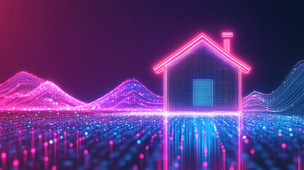 Poster - A house is lit up in neon colors and is surrounded by mountains. The house is the main focus of the image, and the mountains in the background create a sense of depth and scale
