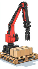 Poster - a red and black robot arm is lifting a box. the robot is designed to lift heavy objects and is likel