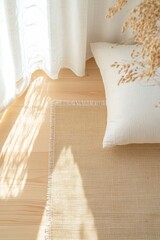 Aufkleber - Serene Minimalist Futon Bedroom with Natural Light Organic Texture, Cozy Ambiance for Earth Day or New Years Tranquility