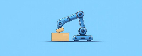 Poster - A robot is working on a box. The robot is blue and has a box in front of it