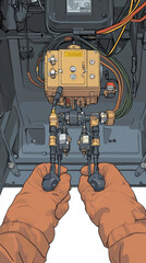 Poster - A man is fixing a machine with his hands. The machine is a car engine. The man is wearing gloves