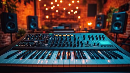 Aufkleber - professional music studio equipped with modern recording gear, featuring mix of instruments and digital workstations.