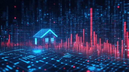 Poster - A house is shown in a futuristic cityscape with red and blue lines. The house is surrounded by a lot of data points, which give the impression of a digital world. Scene is one of technology