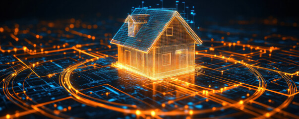 Poster - A house is lit up in a cityscape with a lot of lights. The house is surrounded by a lot of wires and circuits