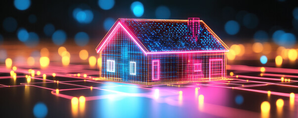 Poster - A house is lit up in neon colors and is surrounded by a glowing cityscape. The house is a representation of a futuristic home, with its bright lights and unique design