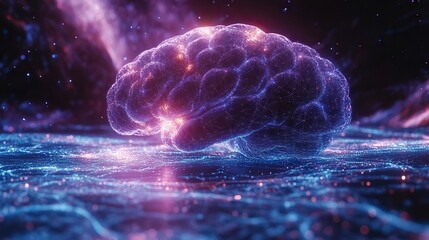 Poster - purple background with blue and white lines forming an abstract brain symbolizing AI connectivity.illustration