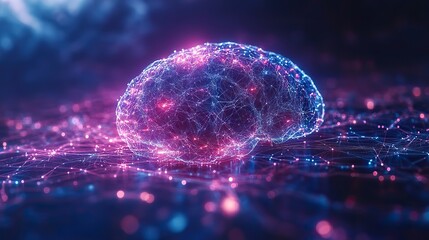 Poster - purple background with blue and white lines forming an abstract brain symbolizing AI connectivity.image