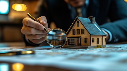 Aufkleber - real estate agent closely examines house model with magnifying glass, inspecting it on desk for home sales.