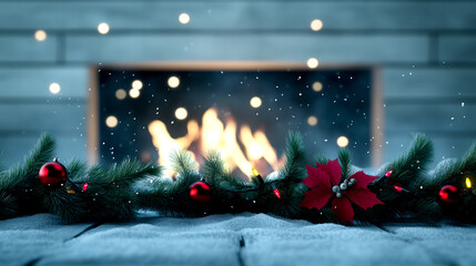 A cozy holiday scene featuring a festive garland adorned with red berries and flowers, placed in front of a glowing fireplace, evoking warmth and cheer during winter celebrations.